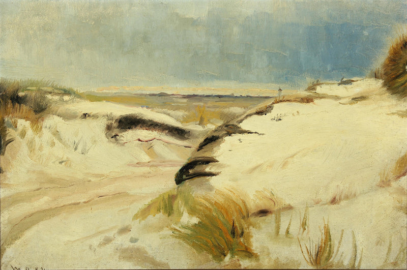 Dyynien halki mutkitteleva tie ja majakka kaukaisuudessa. - Michael Peter Ancher