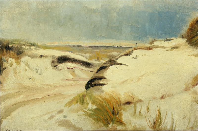 Dyynien halki mutkitteleva tie ja majakka kaukaisuudessa. - Michael Peter Ancher