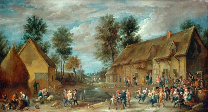 Kyläkohtaus, jossa talonpojat hauskuutuvat pubin edessä - David Teniers nuorempi
