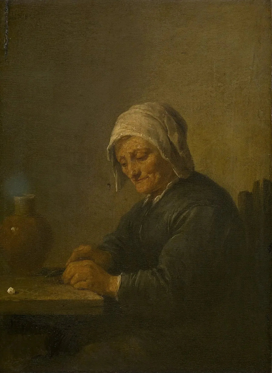 Vanha nainen leikkaamassa tupakkaa - David Teniers nuorempi