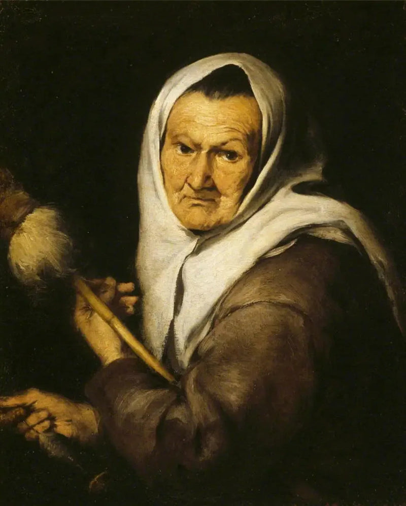 Vanha nainen, joka pitää kutojauhaa ja kehräämistä - Bartolomé Esteban Murillo