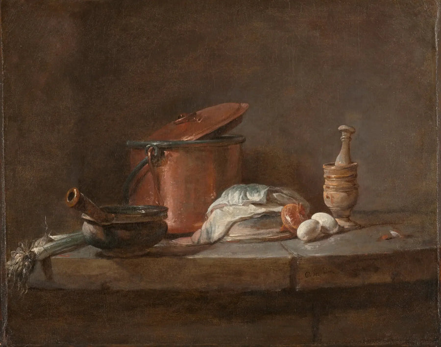 Keittiövälineet lehtisellerin, kalan ja kananmunien kanssa - Jean Simeón Chardin