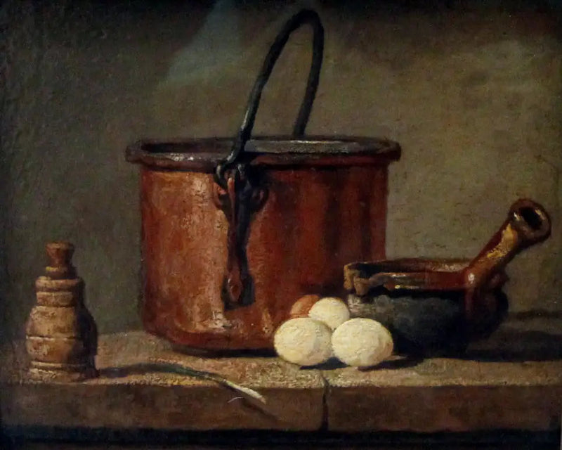 Keittiövälineet, kattila, paistinpannu ja munat - Jean Siméon Chardin