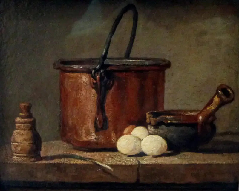 Keittiövälineet, kattila, paistinpannu ja munat - Jean Siméon Chardin