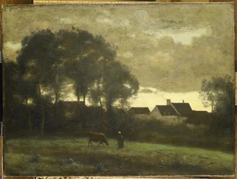 Vachère niityllä auringonlaskussa - Jean-Baptiste Camille Corot