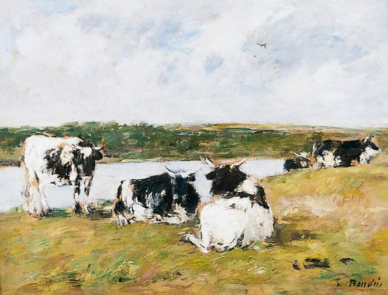 Lehmät joen rannalla - Eugène Boudin