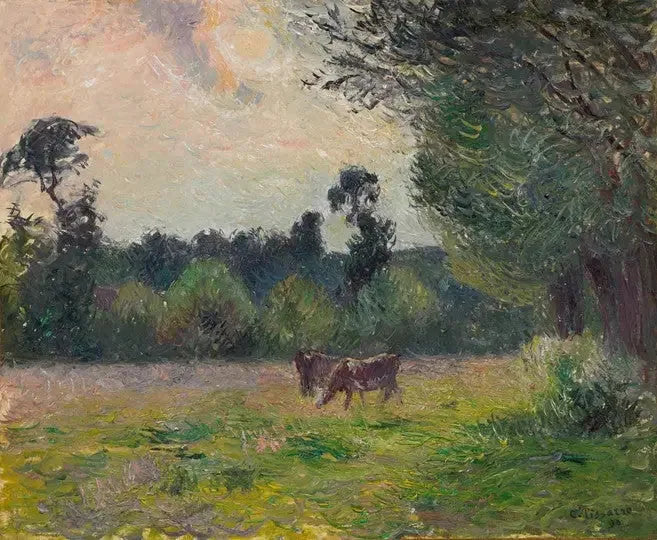 Lehmät niityllä, auringonlasku - Camille Pissarro