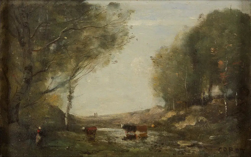 Lehmät ja vesi - Jean-Baptiste Camille Corot
