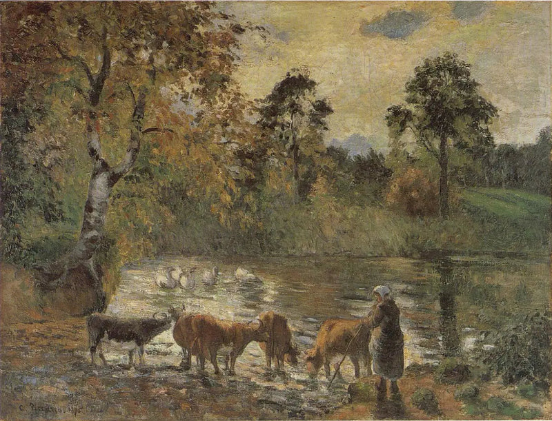 Lehmät juomassa Montfoucault'n lammesta - Camille Pissarro