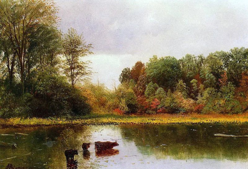 Lehmät juomassa vedestä maisemassa - Albert Bierstadt
