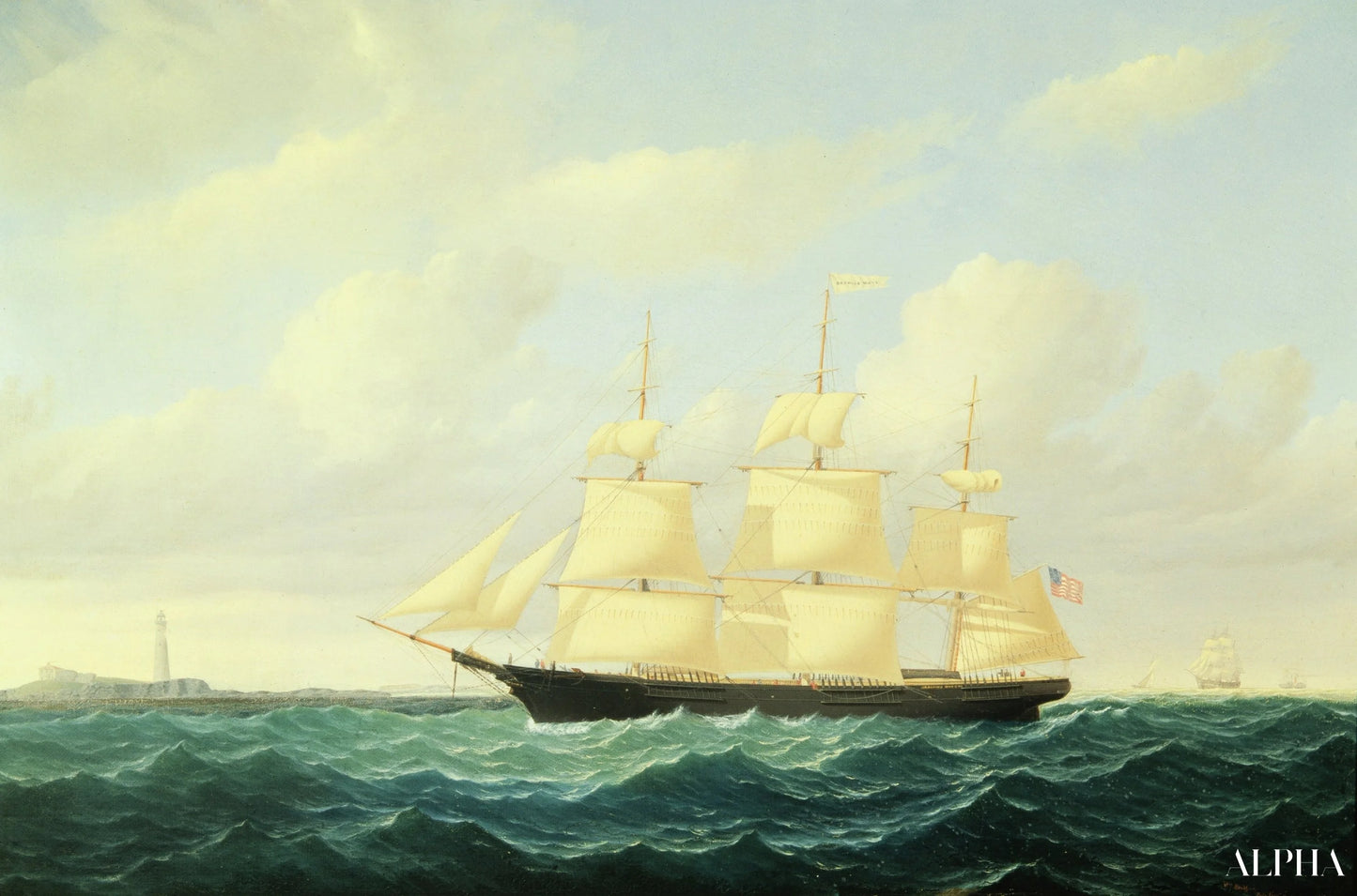 Epämääräinen aalto Clipper Ship Bostonin majakan edustalla, 1855 - William Bradford - Taulujen ja korkealaatuisten maalauksien reproduktiot