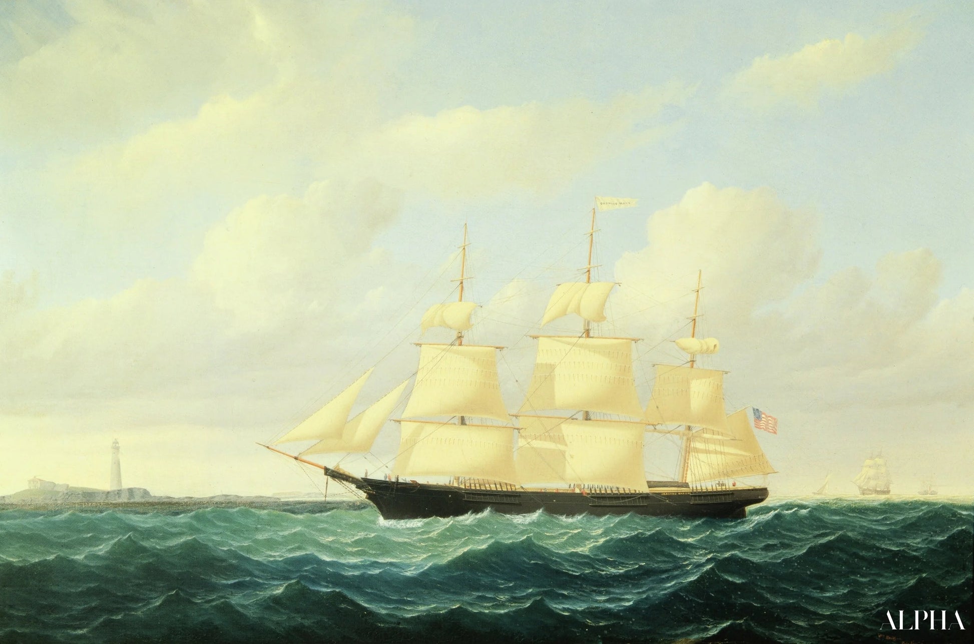 Epämääräinen aalto Clipper Ship Bostonin majakan edustalla, 1855 - William Bradford - Taulujen ja korkealaatuisten maalauksien reproduktiot