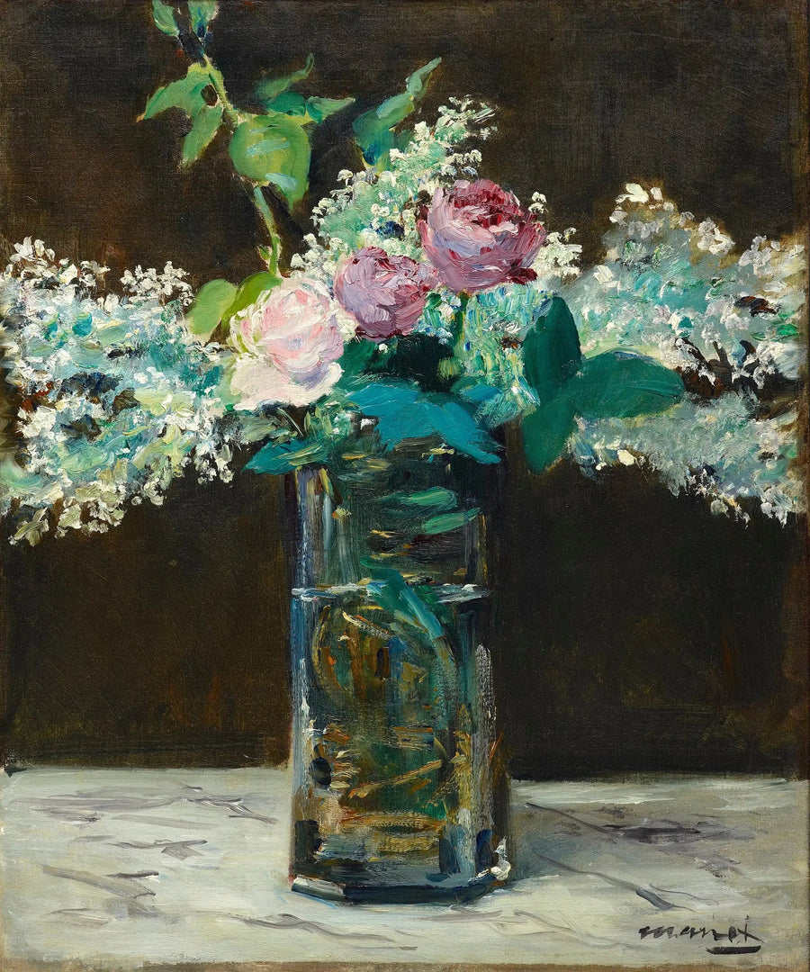 Maljakko valkoisilla syreeneillä ja ruusuilla - Édouard Manet