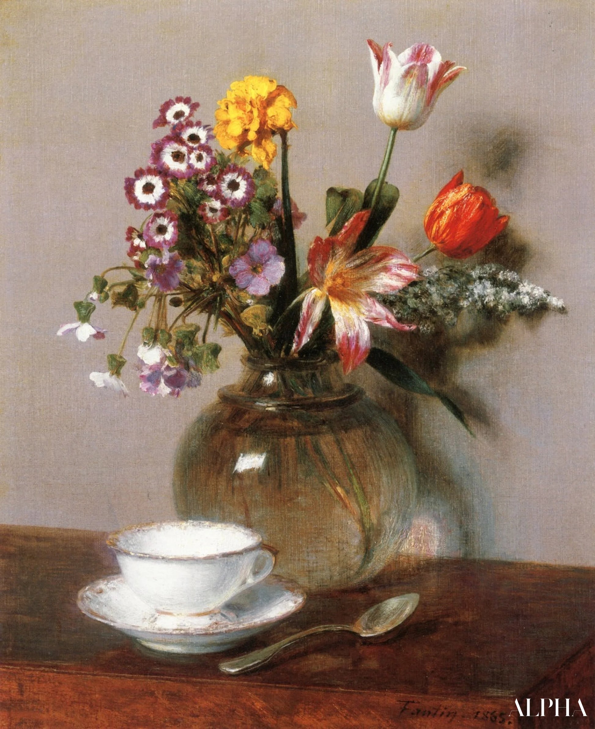 Kukkavaasi kahvikupin kanssa, 1865 - Henri Fantin-Latour - Taulujen ja korkealaatuisten maalauksien reproduktiot