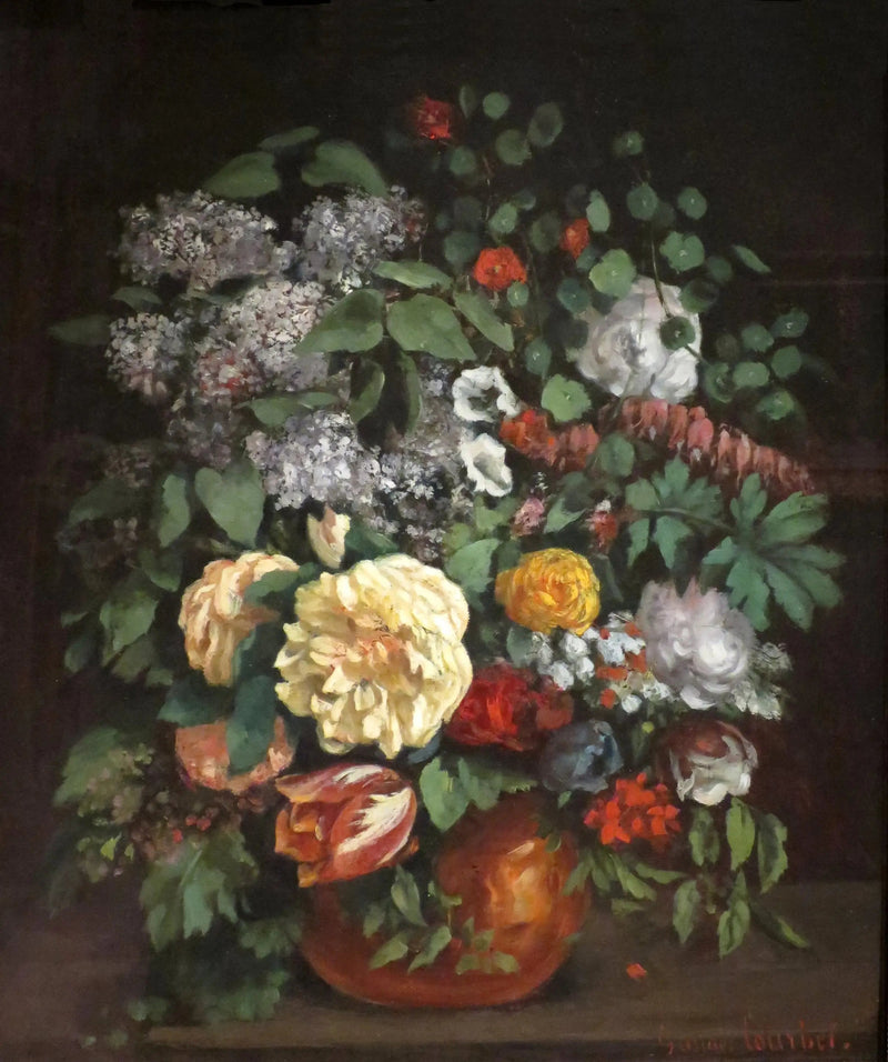 Liljakimppu, ruusuja ja tulppaaneja - Gustave Courbet