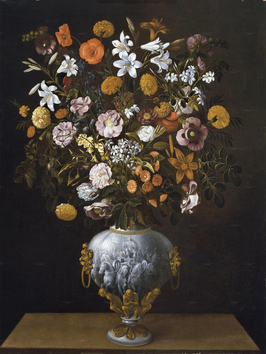 Vase de fleurs avec un char triomphal vu frontalement - Tomás Yepes