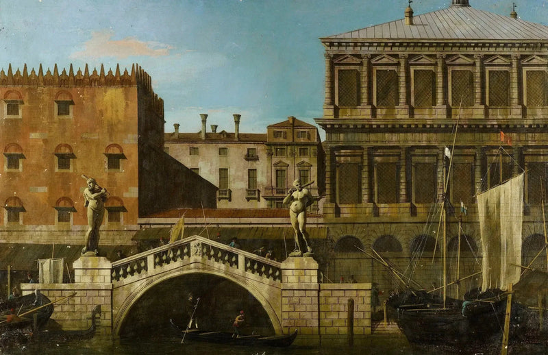 Venetsia: capriccio Zeccan ja varastojen kanssa ja Ponte della Pescaria - Canaletto