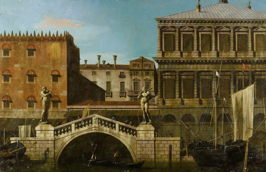 Venetsia: capriccio Zeccan ja varastojen kanssa ja Ponte della Pescaria - Canaletto
