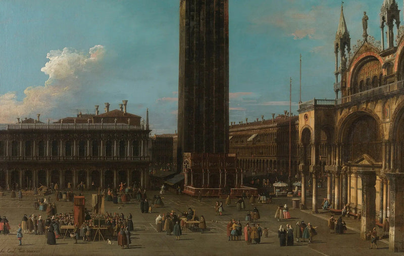 Venetsia: Piazzan Piazza de la Piazzetta kellotorneineen ja San Marcon puoleinen osa - Canaletto