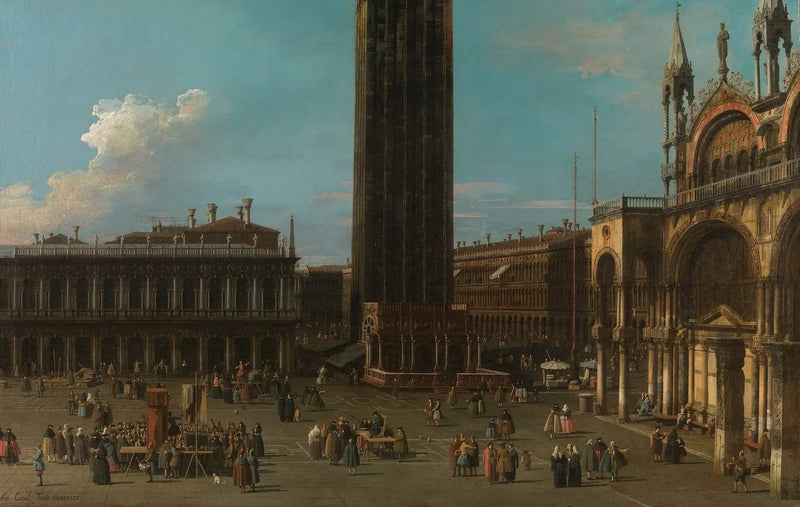 Venetsia: Piazzan Piazza de la Piazzetta kellotorneineen ja San Marcon puoleinen osa - Canaletto