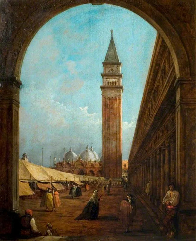 Venetsia: messut Saint-Marcin aukiolla nähtynä länsi-sudwestin kaaren läpi - Francesco Guardi