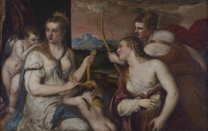 Venus sitomassa Cupidon silmät - Titian
