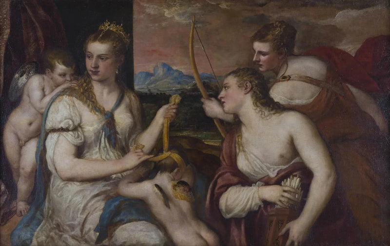 Venus sitomassa Cupidon silmät - Titian