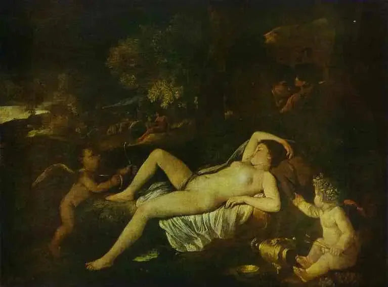 Nukkumassa oleva Venus rakkauden kanssa - Nicolas Poussin