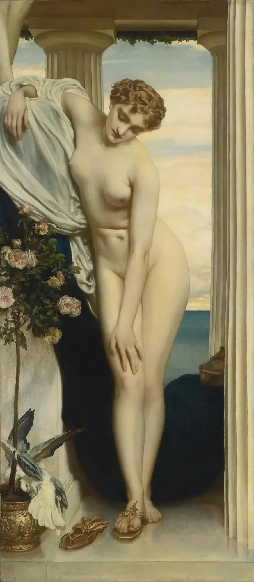 Venus riisumassa vaatteita kylpyä varten - Frederic Leighton