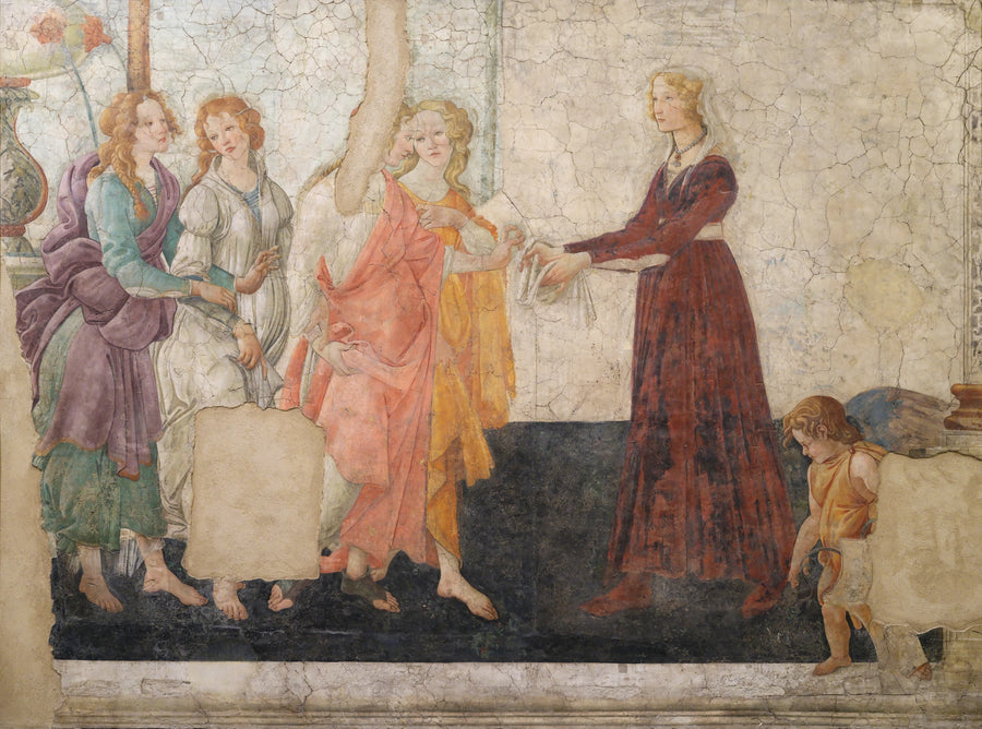 Venus ja kolme kauneutta tarjoavat lahjoja nuorelle tytölle - Sandro Botticelli