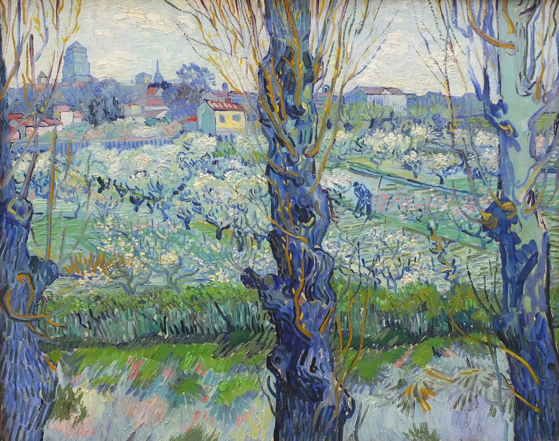 Kukkiva hedelmätarha Arlesin näkymällä - Vincent van Gogh