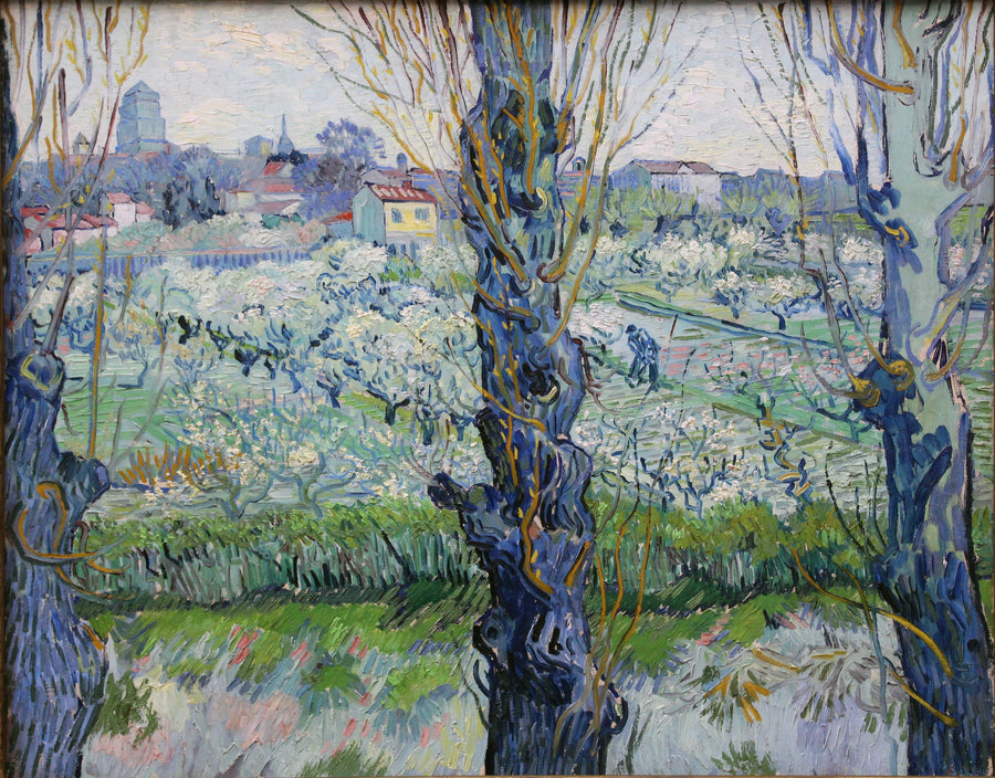 Kukkiva hedelmätarha Arlesin näkymällä - Vincent van Gogh
