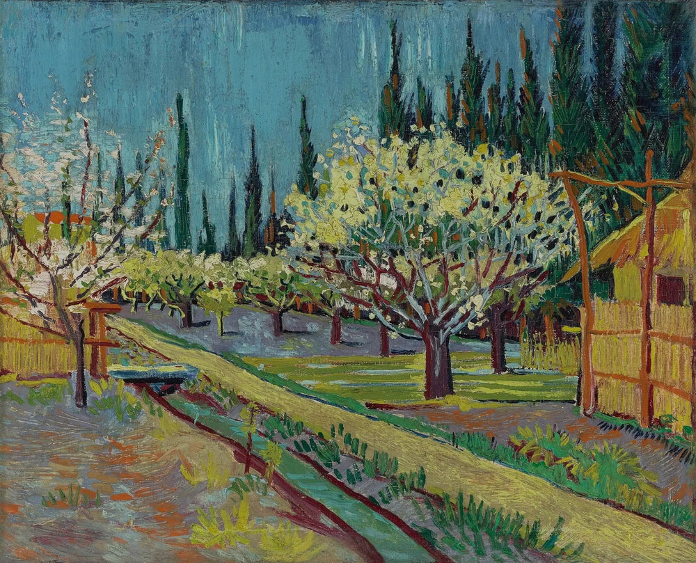 Reproduction du tableau « Verger fleuri, entouré de cyprès - Vincent van Gogh » par Alpha Reproduction en peinture à l’huile