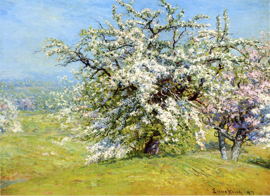 Prairies et arbres en fleurs, peinture de John Joseph Enneking