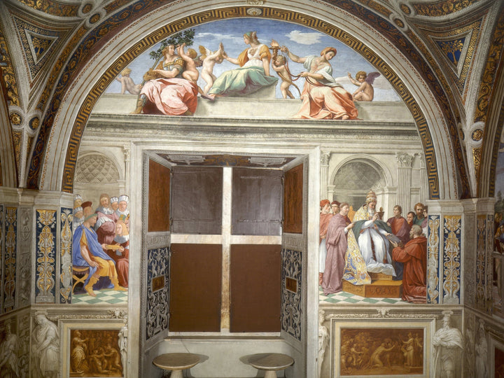 Kardinaali- ja teologiset hyveet ja laki, 1511 - Raphaël ja työpaja