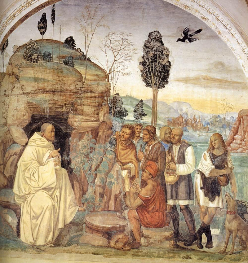 Pyhän Benediktin elämä, kohtaus 7: Benedikti opettaa maanviljelijöitä - Il Sodoma (Giovanni Antonio Bazzi)