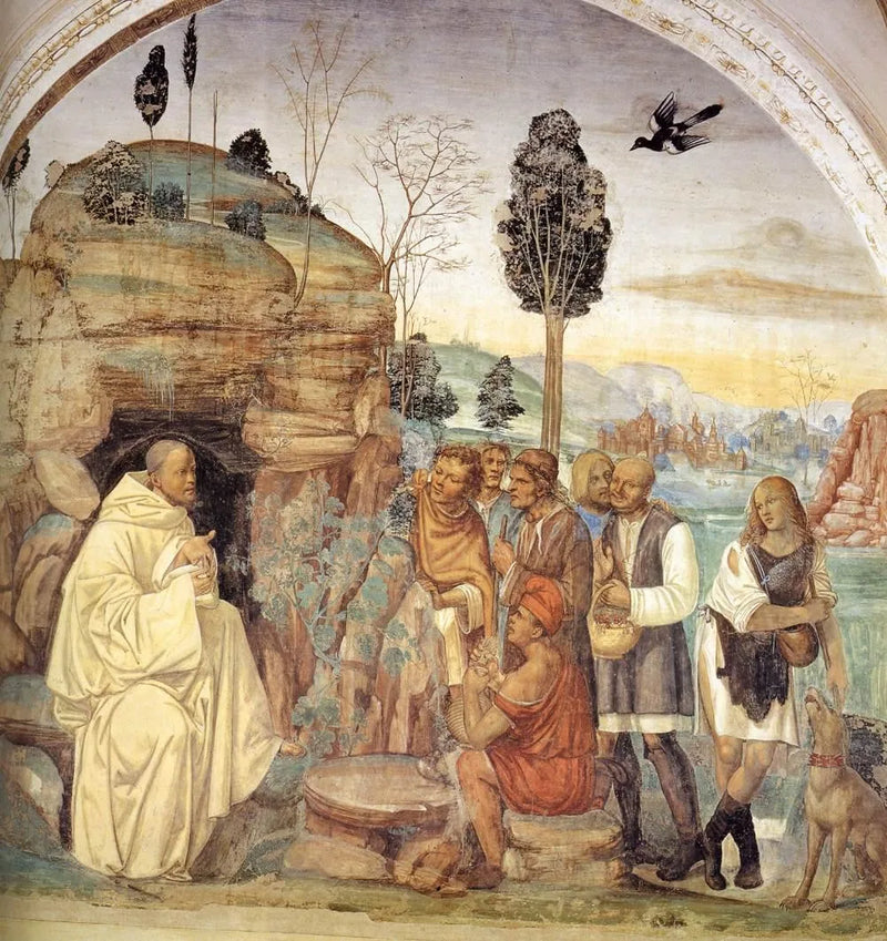Pyhän Benediktin elämä, kohtaus 7: Benedikti opettaa maanviljelijöitä - Il Sodoma (Giovanni Antonio Bazzi)