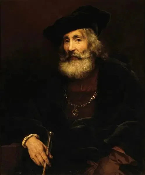 Vanha mies istuu kepin kanssa erikoispuvussa - Rembrandt