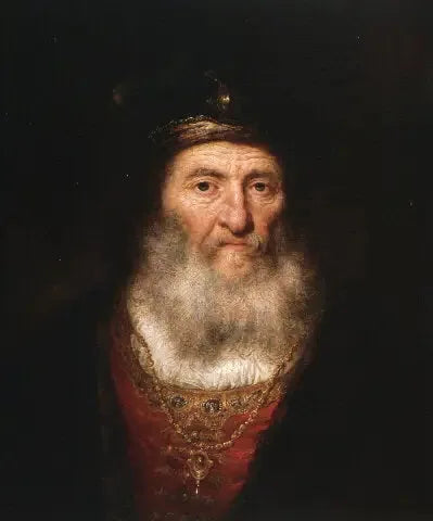 Vanha mies, jolla on parta ja beretti, kantaa medaalia - Rembrandt