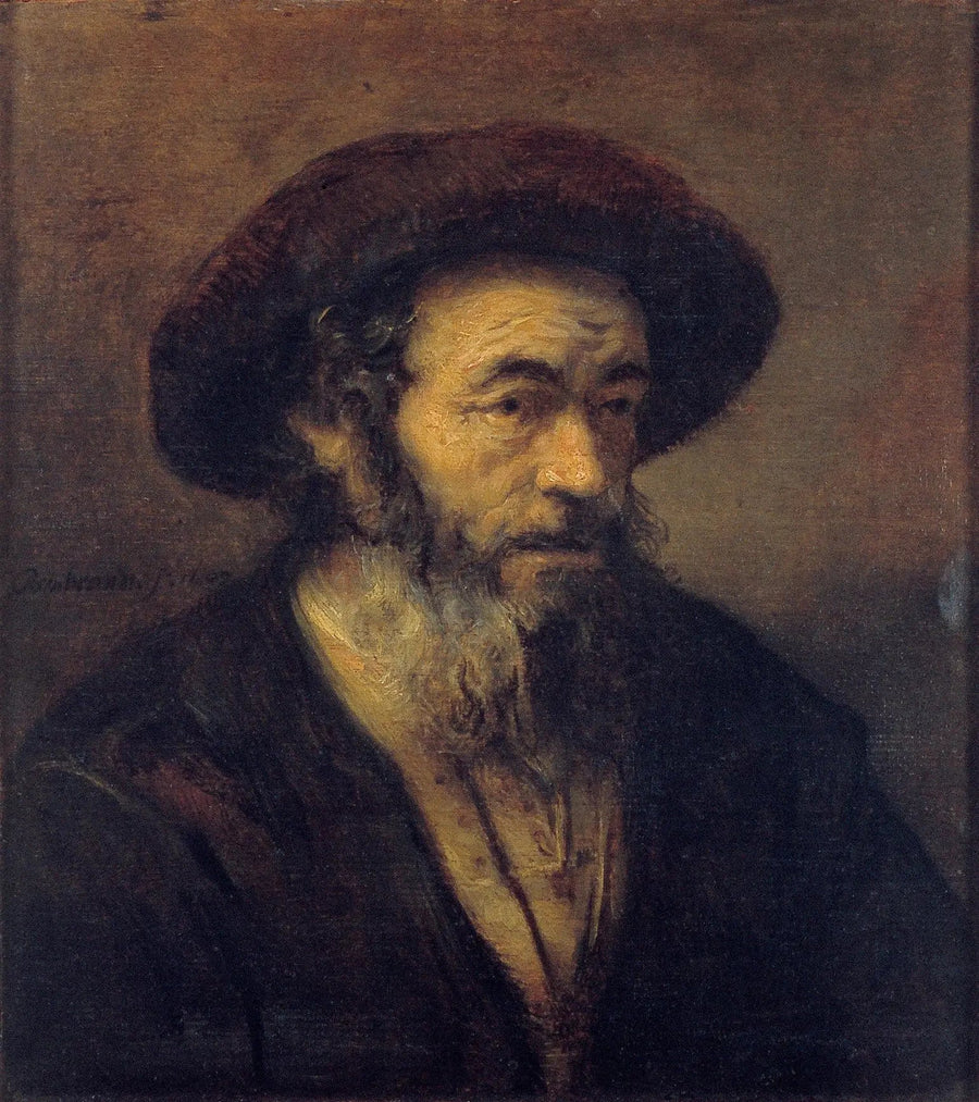 Vanha mies, jolla on parta, katsoo oikealle - Rembrandt