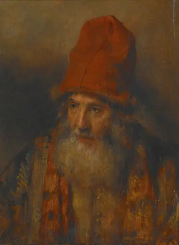 Vanha mies suurella turkiskuvioisella lippalakilla - Rembrandt