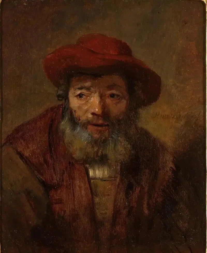 Vanhan miehen muotokuva, jolla on parta ja punainen hattu - Rembrandt