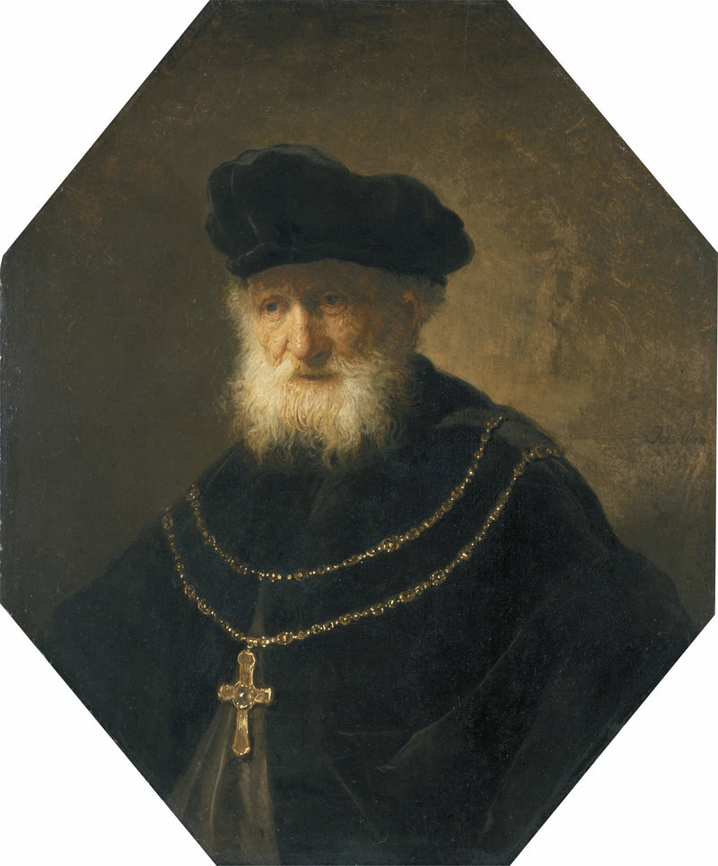 Miehen rintakuva, joka kantaa kultaketjua, jossa on risti - Rembrandt