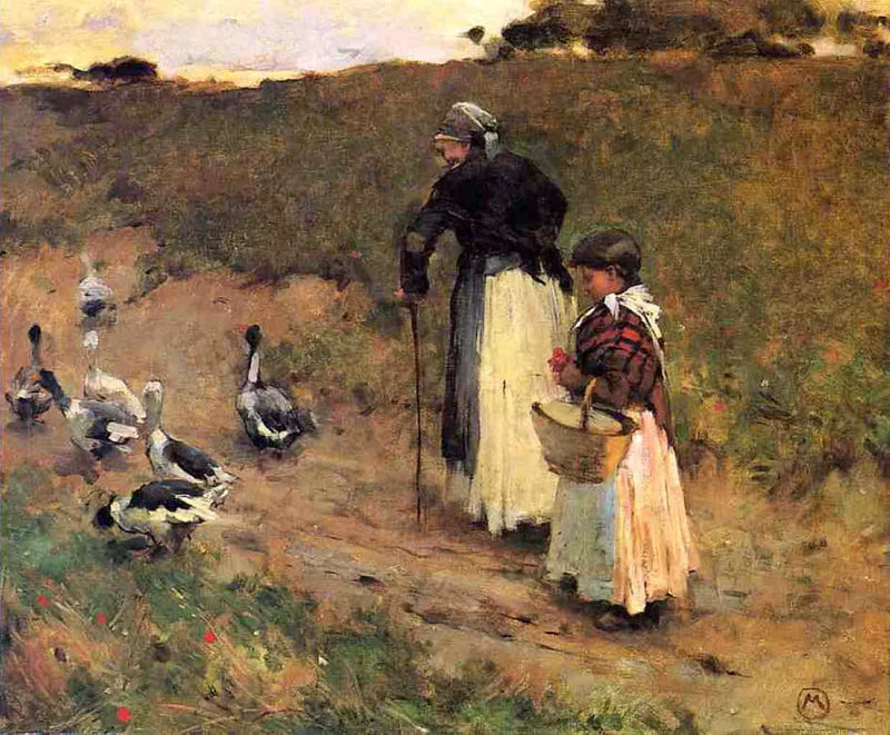 Vanhapiirtäjä naisen ja lapsen kanssa ja hanhi - Willard Metcalf