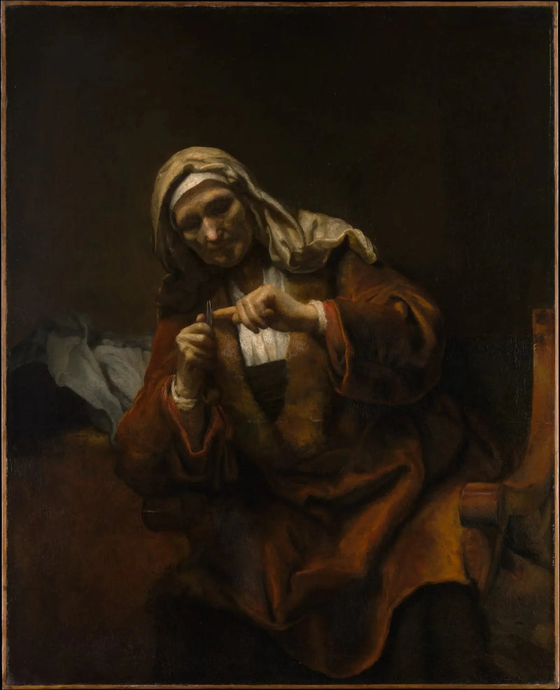 Vanha nainen leikkaamassa kynsiään - Rembrandt