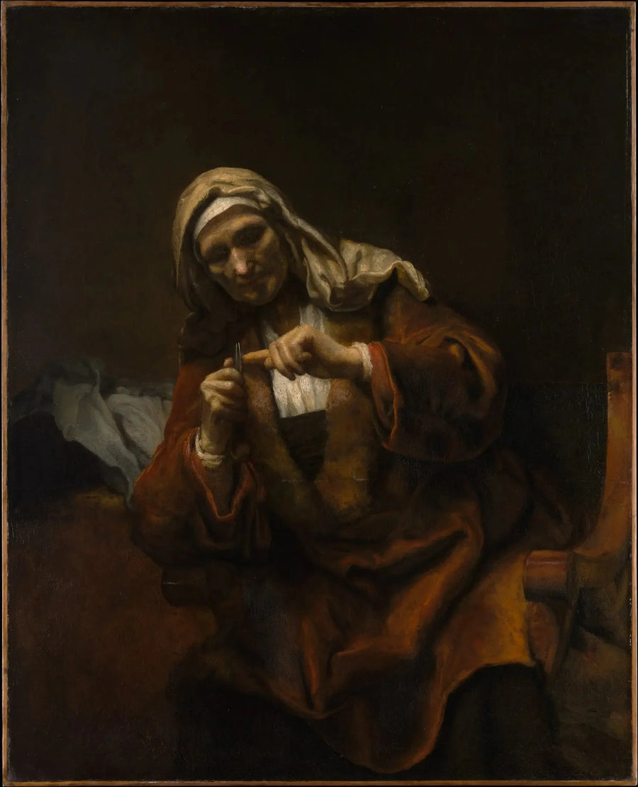 Vanha nainen leikkaamassa kynsiään - Rembrandt
