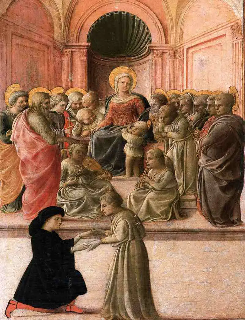 Neitsyt ja lapsi pyhimyksillä, enkeleillä ja lahjoittajalla - Fra Filippo Lippi