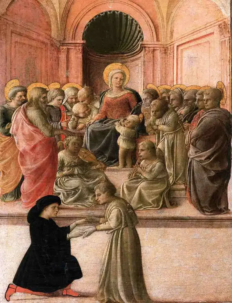 Neitsyt ja lapsi pyhimyksillä, enkeleillä ja lahjoittajalla - Fra Filippo Lippi