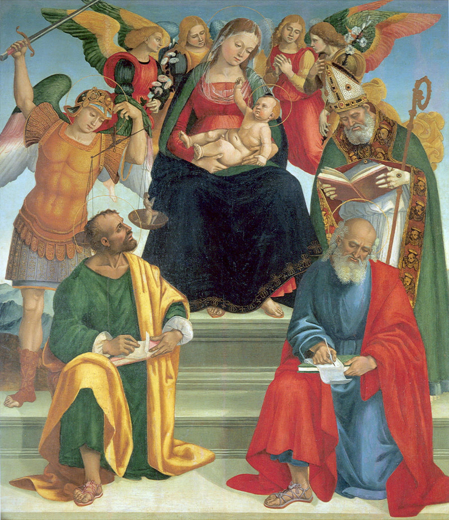 Neitsyt Jeesus-lapsen kanssa pyhimyksien ja enkeleiden kanssa - Luca Signorelli