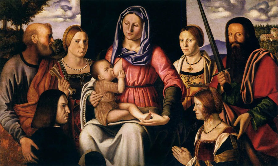 Neitsyt Jeesus-lapsen kanssa pyhimysten ja lahjoittajien kanssa - Bernardino Luini